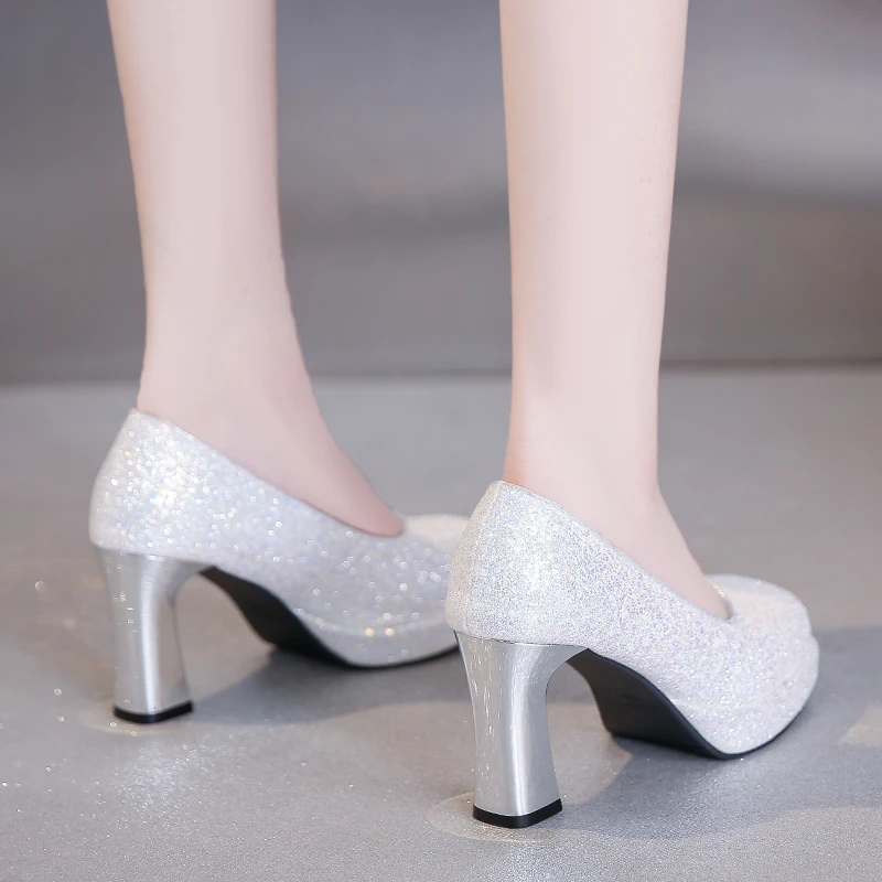 Aphixta 7cm Square Heels Silver Pump Women Luxury Wedding Pumps Shoes Square Heels Office Pump Big Size 44 Heeled Shoes Woman