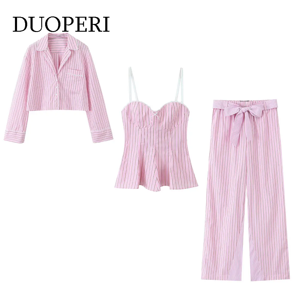 DUOPERI Women Y2K Fashion 3 Pieces Sets Pink Striped Shirt & Trousers With Belt & Thin Straps Tops Feamle Chic Pants Sets