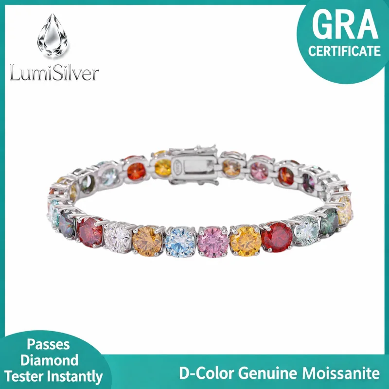 Rainbow Moissanite Tennis Bracelet 925 Sterling Silver Colorful Stackable Party Gift for Women