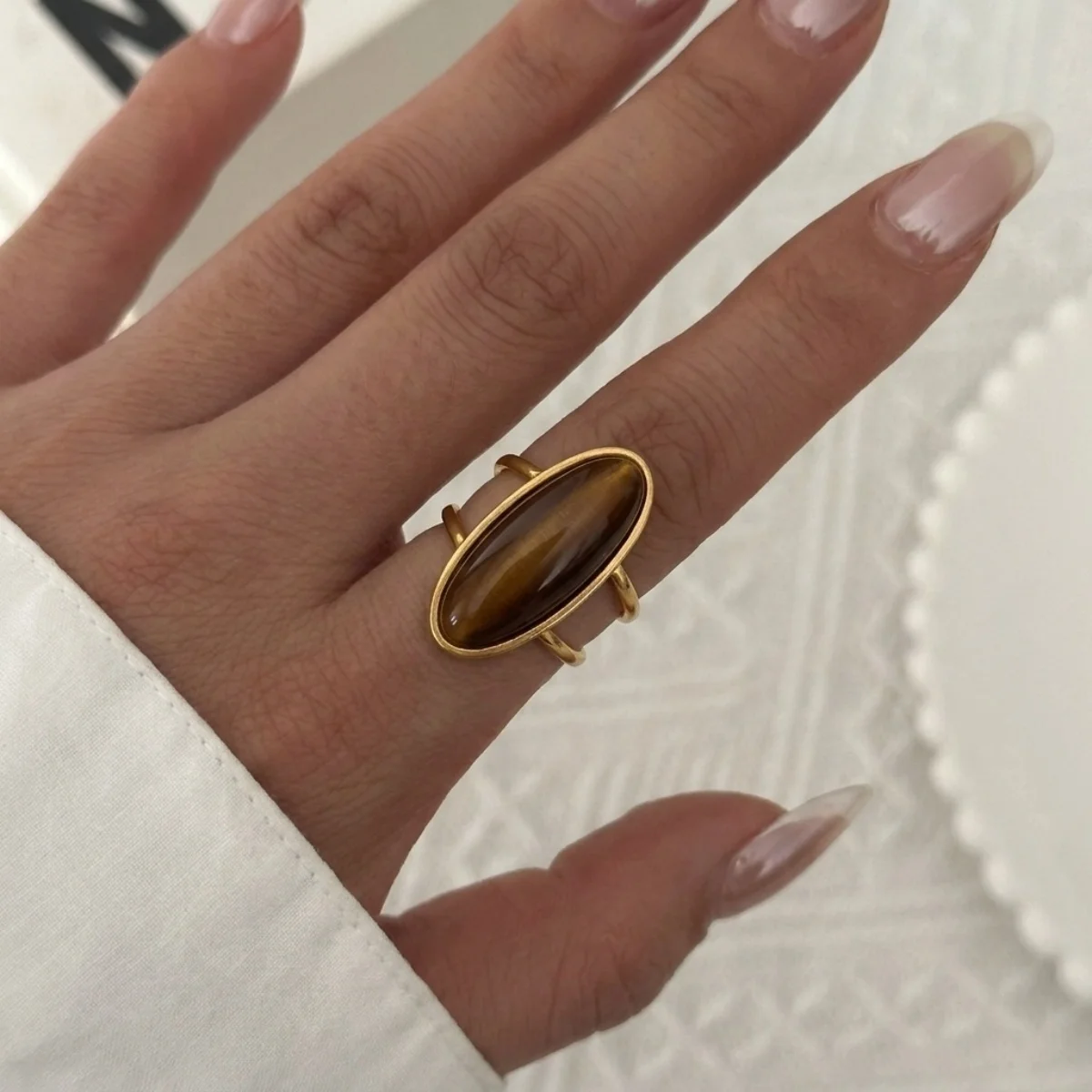 Vintage Maillard Tigerauge-Stein Ovaler Lava-Sonnen-Fingerring für Damen und Herren, Edelstahl, hohler geometrischer Ring, Herbstschmuck – Detail 12