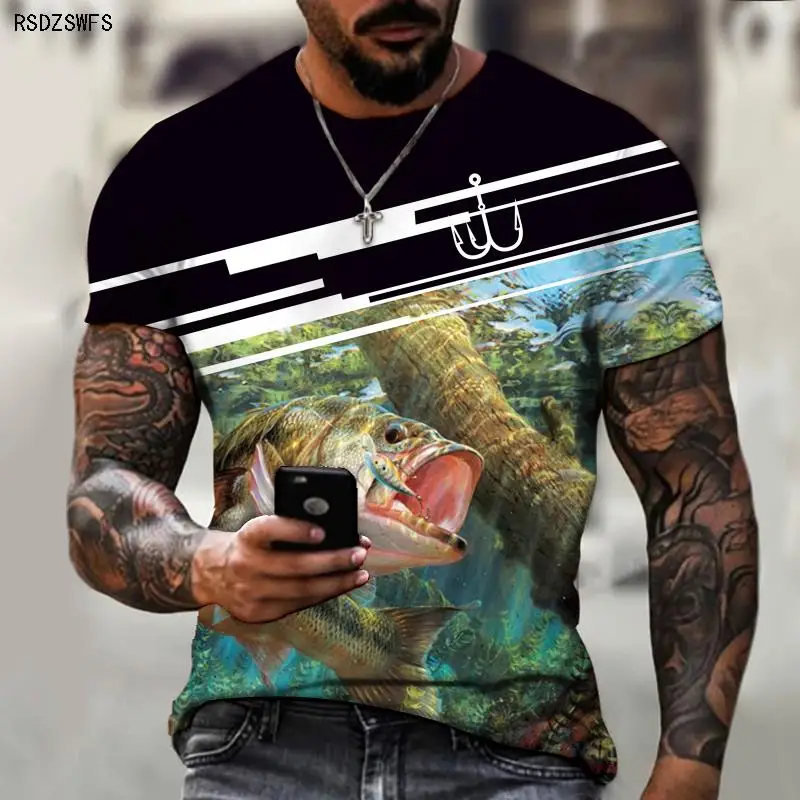 Men\'s Shirt Wild Fishing Fishing Outdoor Passion 3D Printing Printing Trendy Brand Round Neck T-shirt Casual Style Oversize 5XL