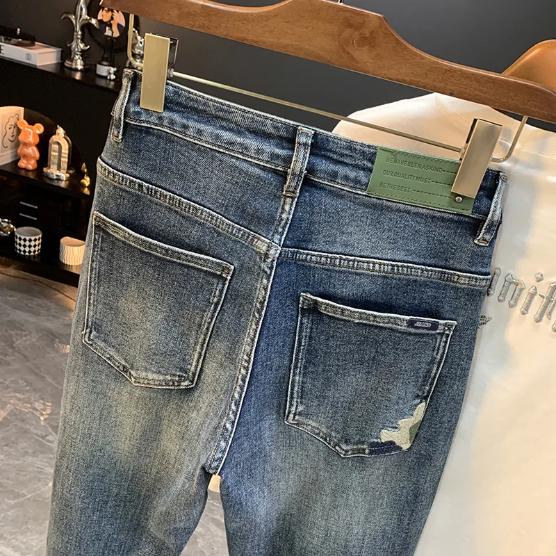 

Осень 2024, новые синие модные джинсы в стиле ретро, мужские универсальные уличные модные повседневные эластичные брюки на маленьких ножках