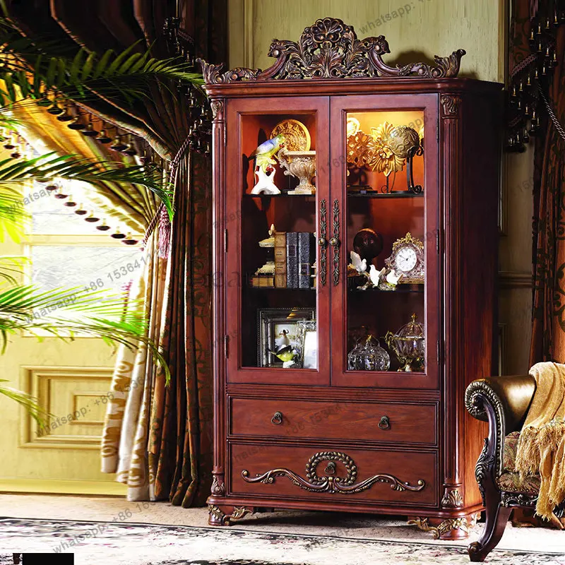 

European-style household double-door storage display cabinet gold-painted two-door glass storage display wine cabinet