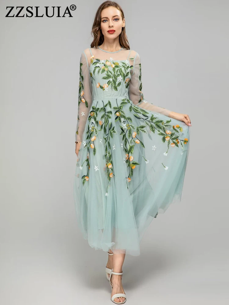 

ZZSLUIA Elegant Dresses For Women Embroidery Patchwork Designer Slim Long Mesh Dress Fashion Long Sleeve Prom Dresses Female