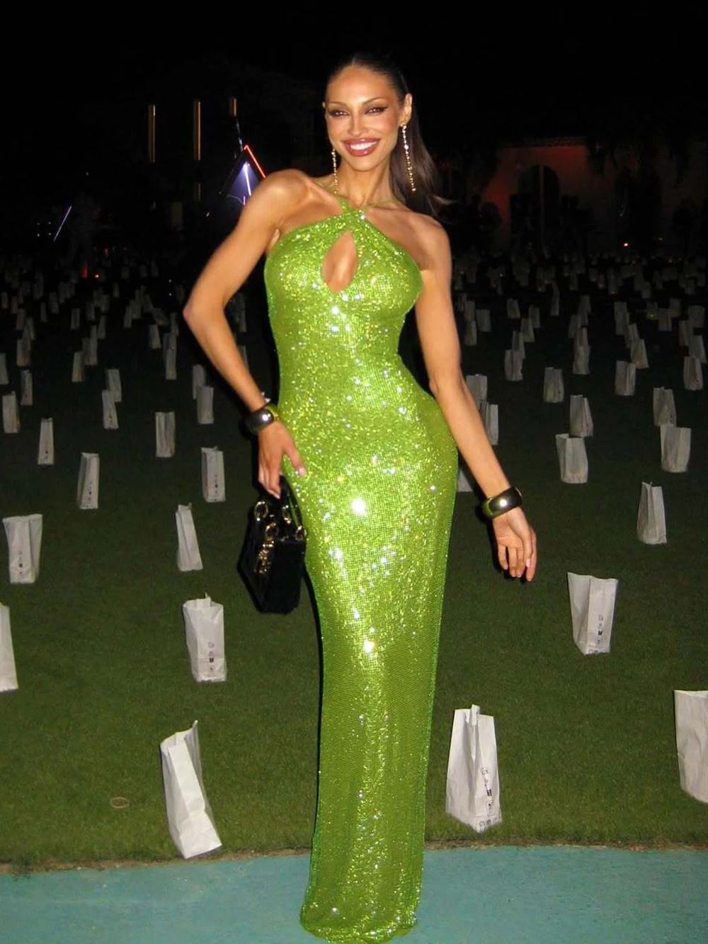 

European And American Heavy Industry Sexy Backless Strap Dress With Hanging Neck And Rhinestone Fish Tail Skirt