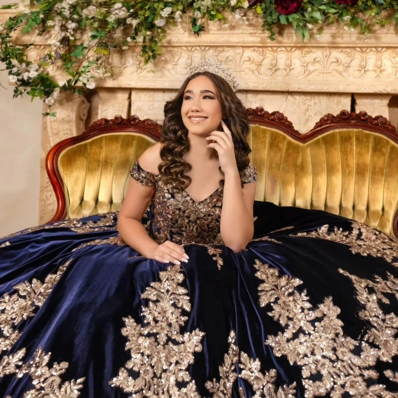 2024 Navy Blue Ball Gown 15 Year Old Quinceanera Dresses With Gold Appliques Lace Princess Brithday Party Gowns