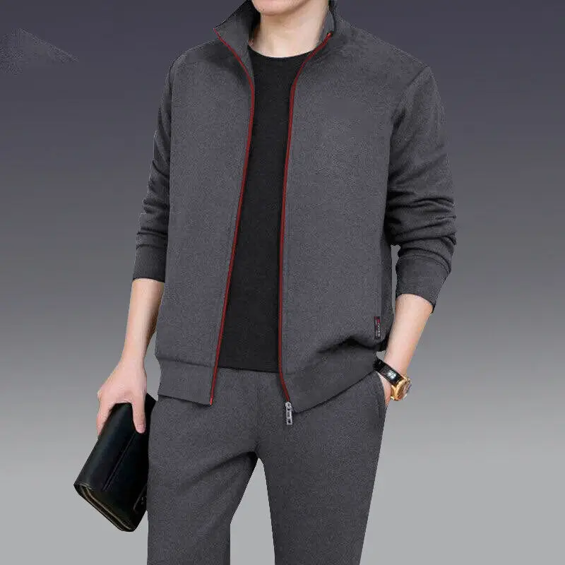 

Winter New Men's Two-piece Stand Up Collar Solid Color Long Sleeved Fashionable Slim Fit Comfortable Casual Versatile Sports Set