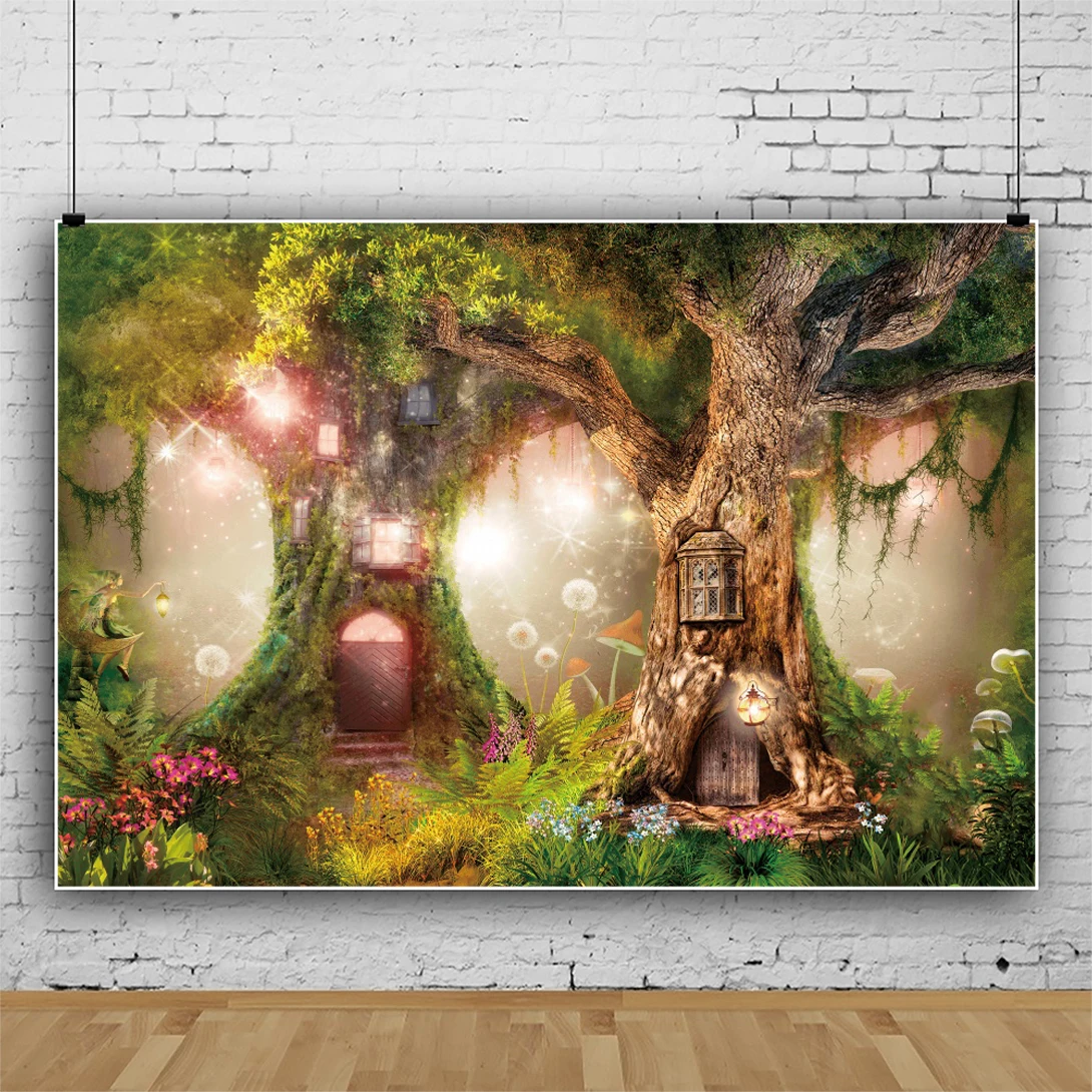 Laeacco Enchanted Forest Backdrop Fairy Tale Garden Magic Mushroom Flowers Girl Birthday Portrait Custom Photography Background