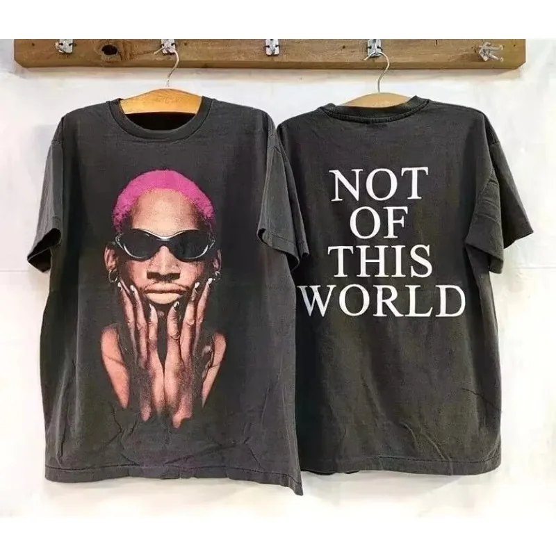 Spring/Summer Retro 90s Dennis Rodman Printed Black Short Sleeve Unisex T-shirt with European and American Cotton Letter Pattern