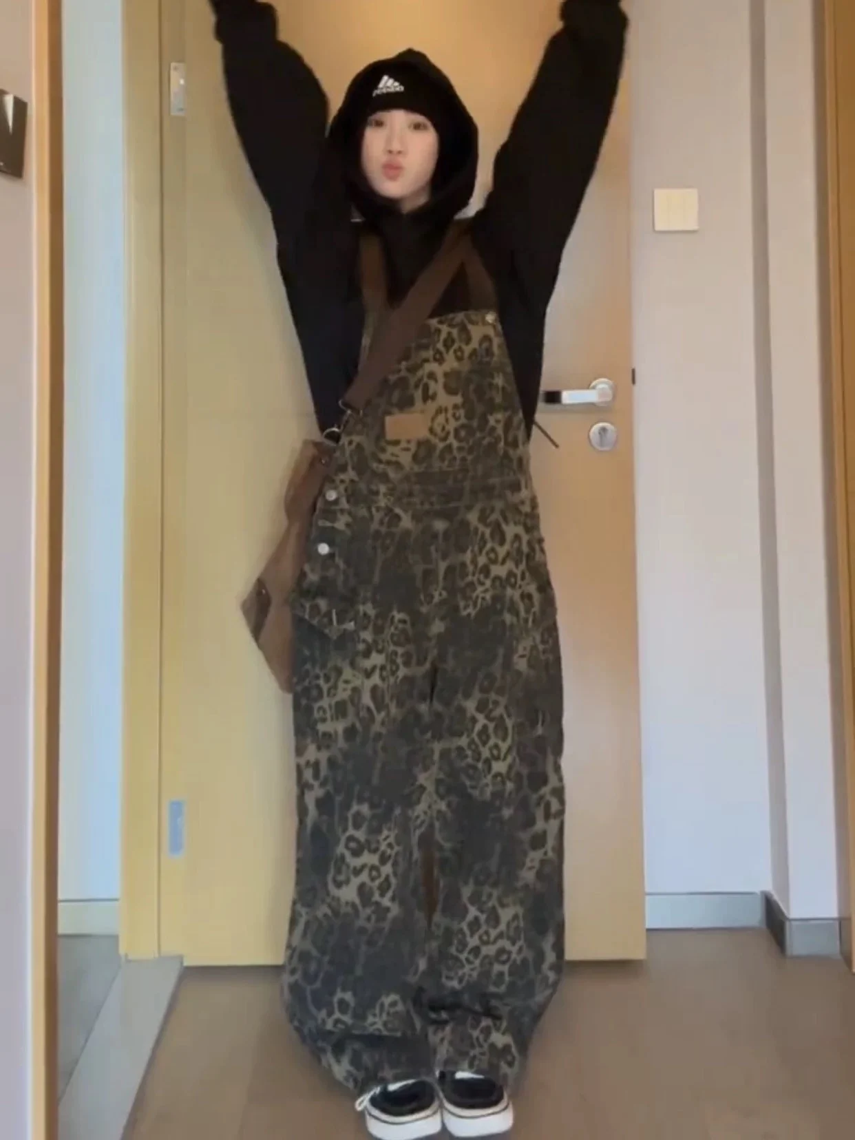 American Retro Leopard Print Denim Overalls Women's Spring Autumn Loose Lazy Straight Leg Workwear Overall Pants