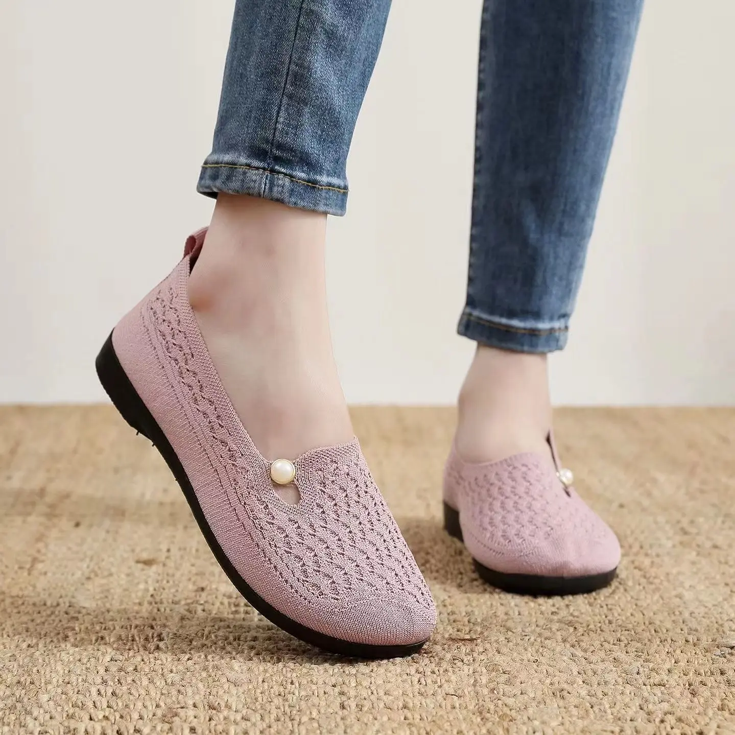 

2024 Woman's New Summer Shallow Flat Sole Casual Mesh Shoe Soft Sole Non Slip Breathable Slip-On Mom's Round Toe Nude Shoes