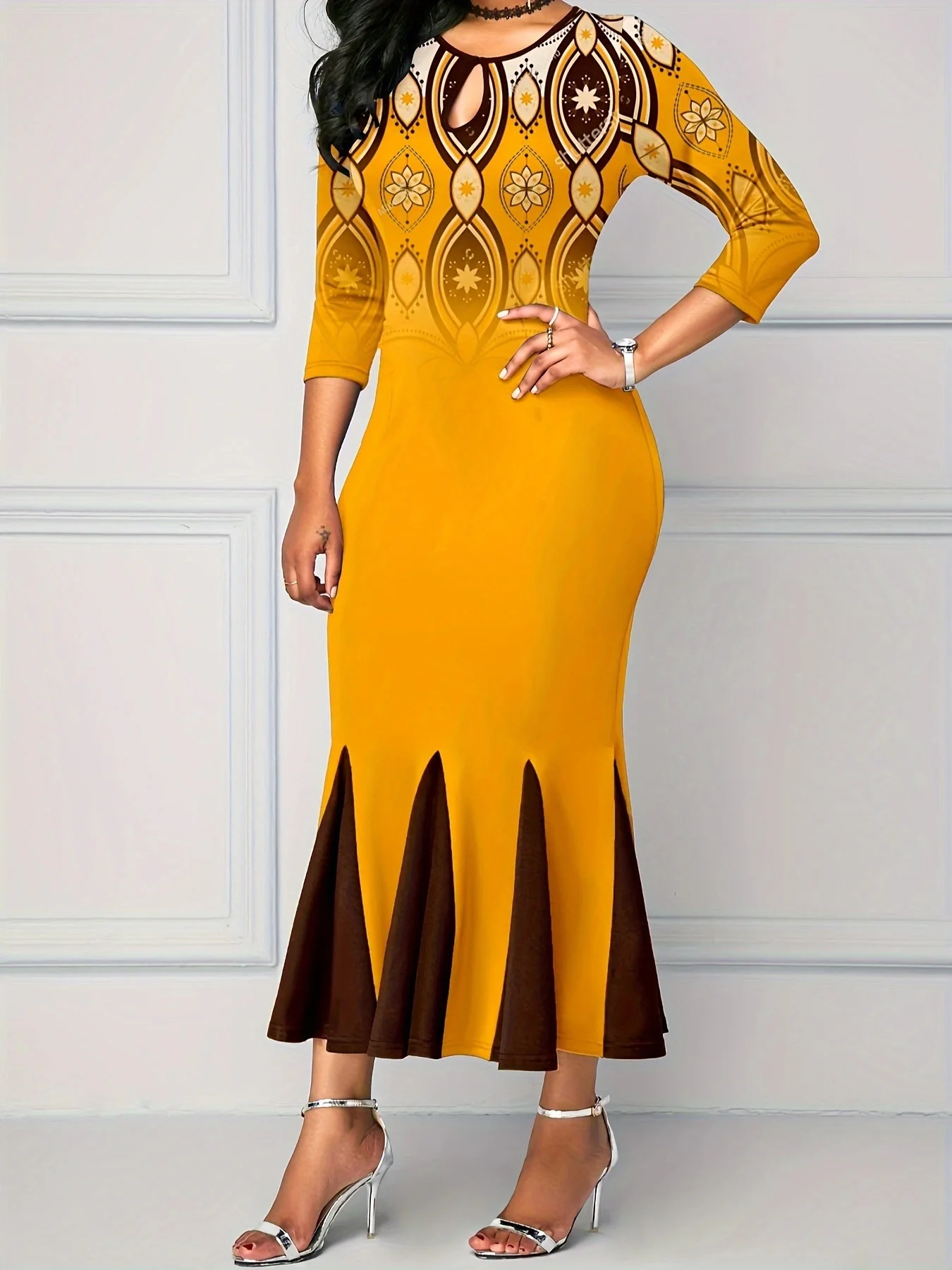 Tribal Print Mermaid Ginger Round Neck Bodycon Dress