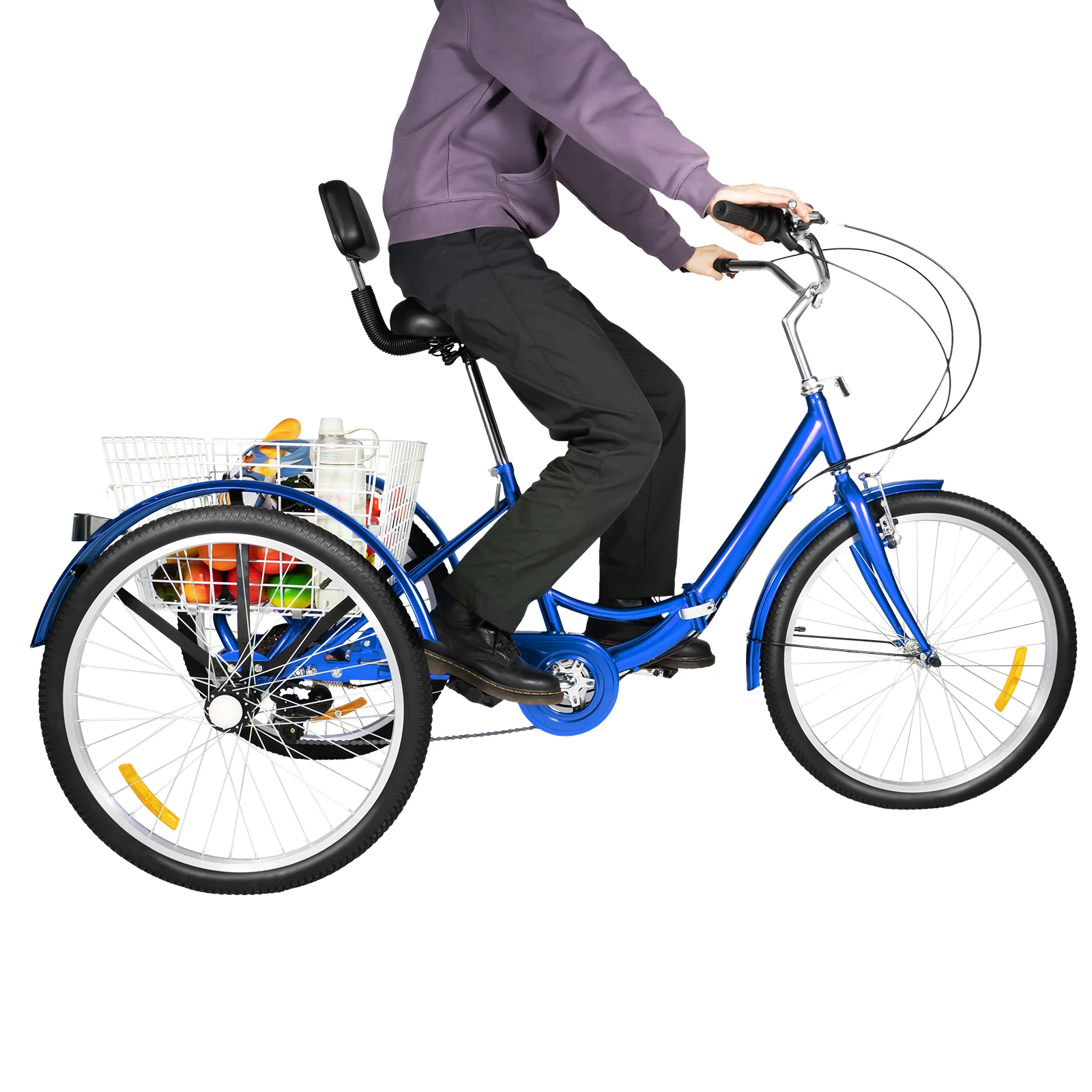 24-inch 7-speed opvouwbare driewieler voor volwassenen, geschikt voor 1,6-1,8 meter met verstelbare zitting en mand, zwart/blauw/rood