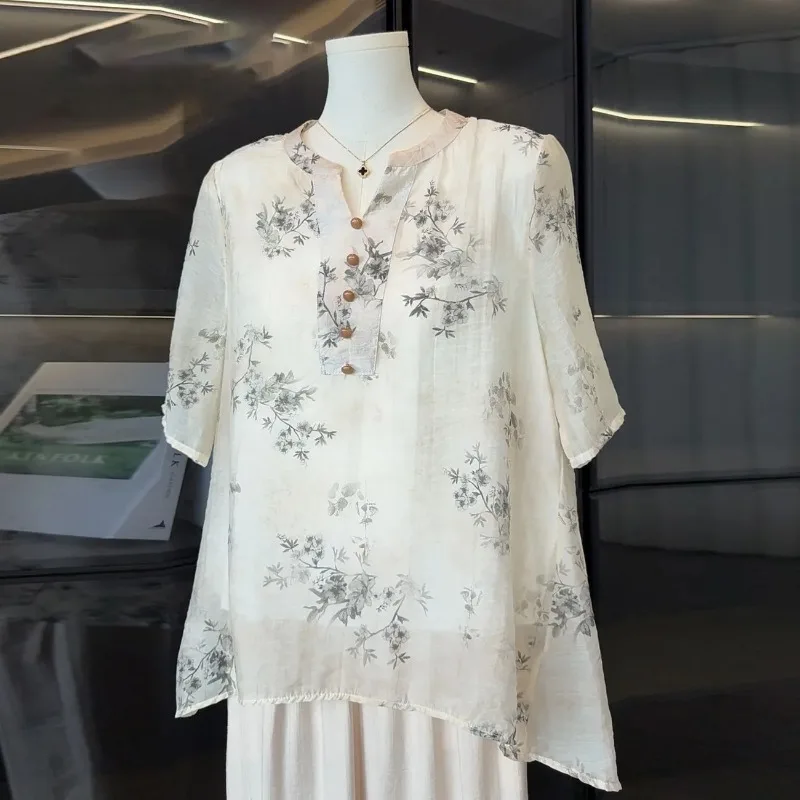 

Женская шифоновая блузка в китайском стиле с чернилами и цветочным принтом, декор на пуговицах, круглый вырез, свободный крой, элегантный повседневный летний повседневный топ