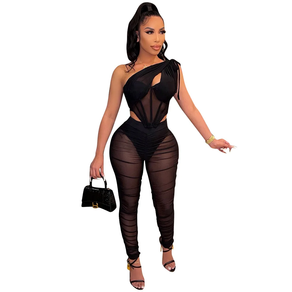 

Summer Sexy Sleeveless Black Top Long Pant Matching Sets Two Piece Sets Womens Outifits S-2XL Women Suits