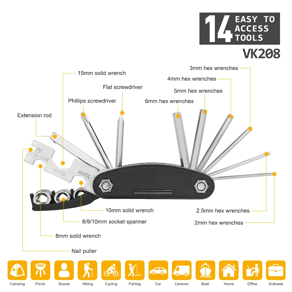 มัลติทูลจักรยานพับได้แบบพกพา –ชุดซ่อม 14 ใน 1 สําหรับจักรยานเสือภูเขา E-Bike และจักรยานเสือหมอบประกอบด้วยประแจหกเหลี่ยมและไขควง