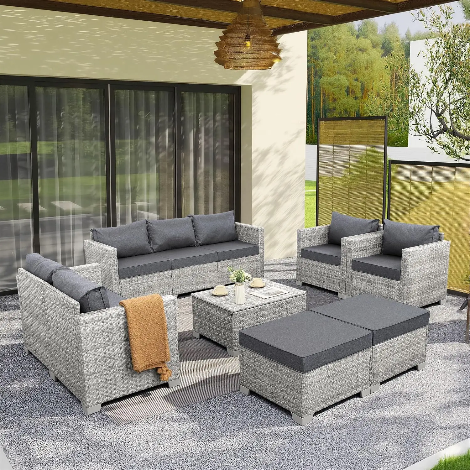 Grey Wicker Outdoor Sectional Sofa Set 7 Piece PE Rattan Patio Furniture with Storage Table & Anti-Slip Cushion, Customized