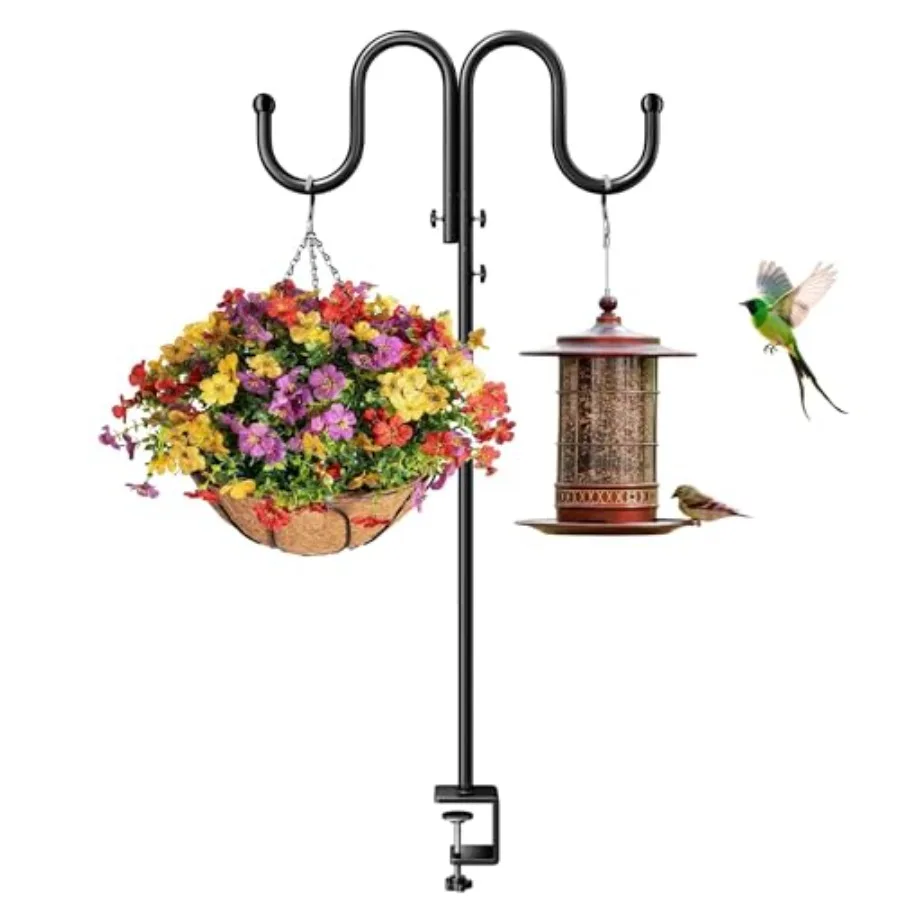 

Double Shepherds Hook for Deck Railing: Heavy Duty Adjustable Clamp on Plant Hanger Pole Fits Outdoor Porch Patio Rails Holds B