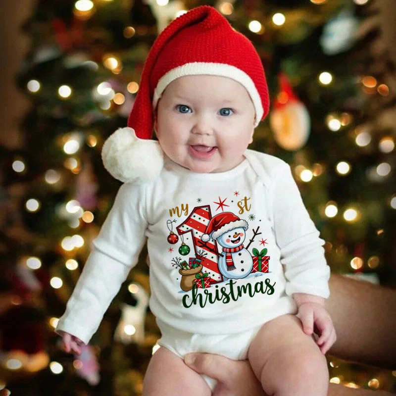 My 1st Christmas Snowman Print Baby Bodysuit Cute Long Sleeve Newborn Boys Girls Christmas Clothes Infant Xmas Jumpsuit