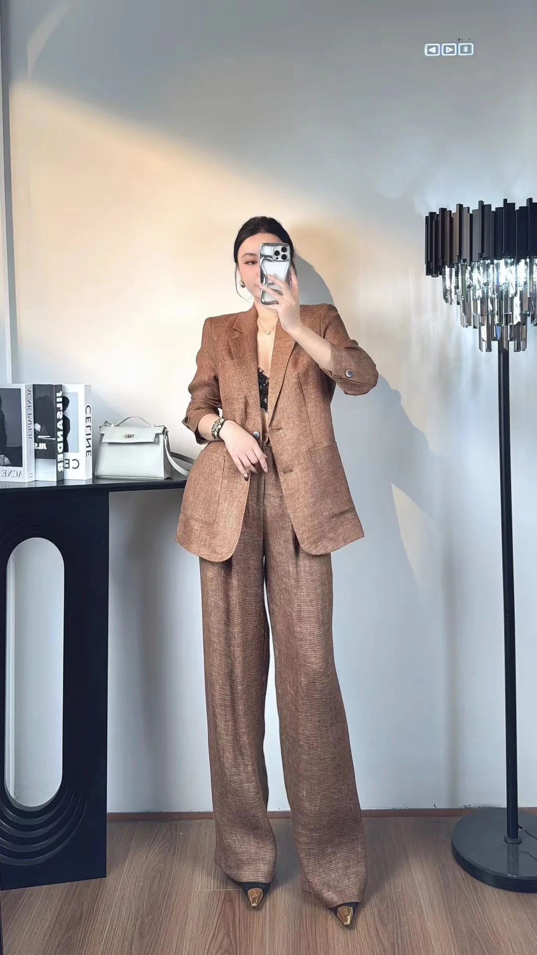 Vintage Check Linen Blazer and Midi Skirt Two-Piece Suit for Women