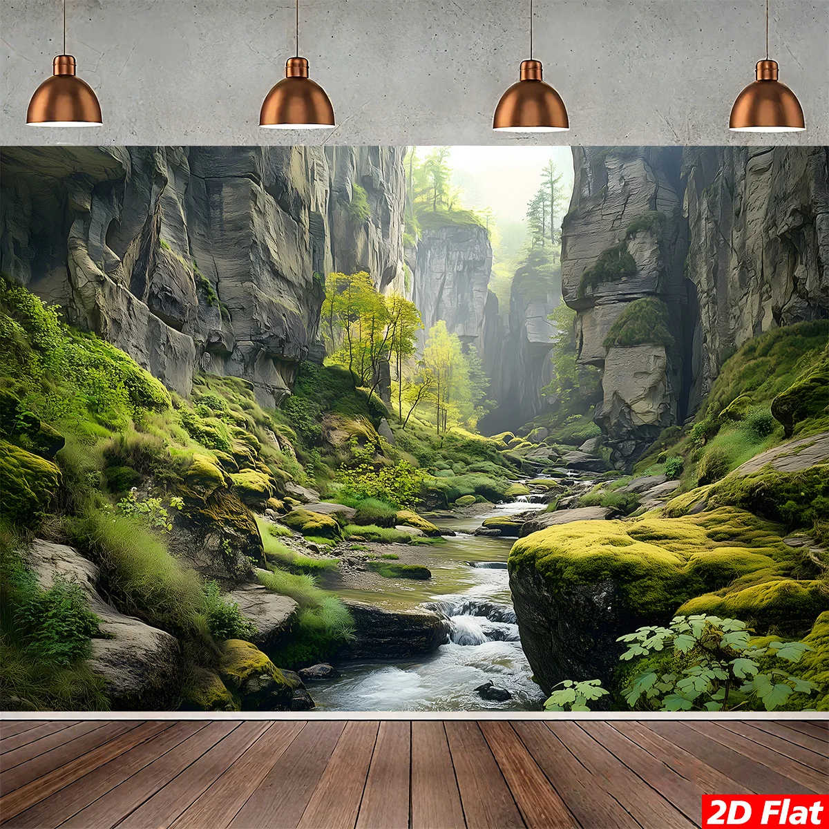 2D Flat, 1pc Canyon Stream Nature Tapestry Wall Hanging - Large Horizontal Landscape Print with Greenery, Waterfalls & Canyon Wa