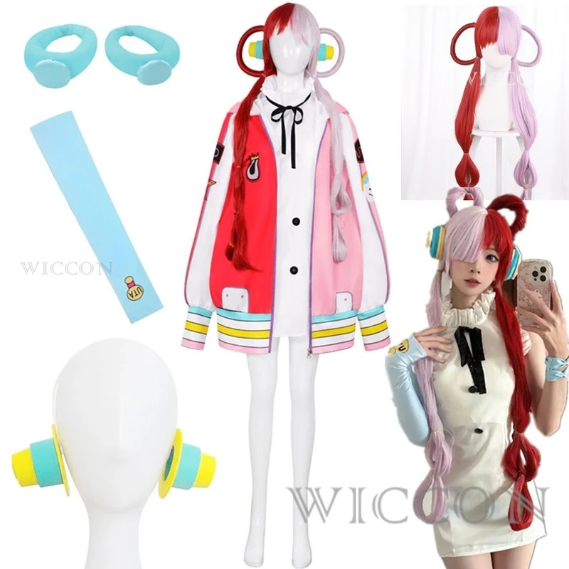 Anime One Peace Costume Cosplay Film Uta Cosplay Kid Adulti Parrucca rossa Cappotto uniforme Auricolare Festa di carnevale Natale Set completo