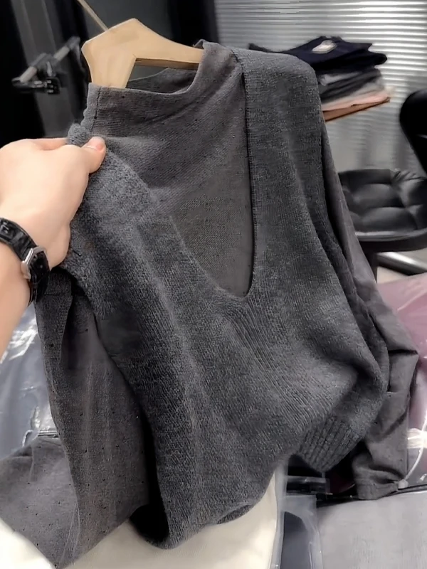 

Серый вязаный жилет-топ свободного кроя в корейском стиле, модный комплект из двух предметов, теплый жилет с V-образным вырезом и рукавом до локтя для женщин