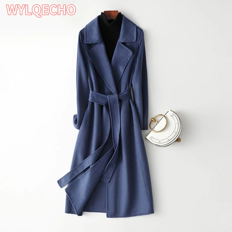 

New Arrival 100% Wool Coat Brand Winter Woolen Coat Vintage Thick Cashmere Coat Solid Female Overcoat Sashes Long Wool Outwears