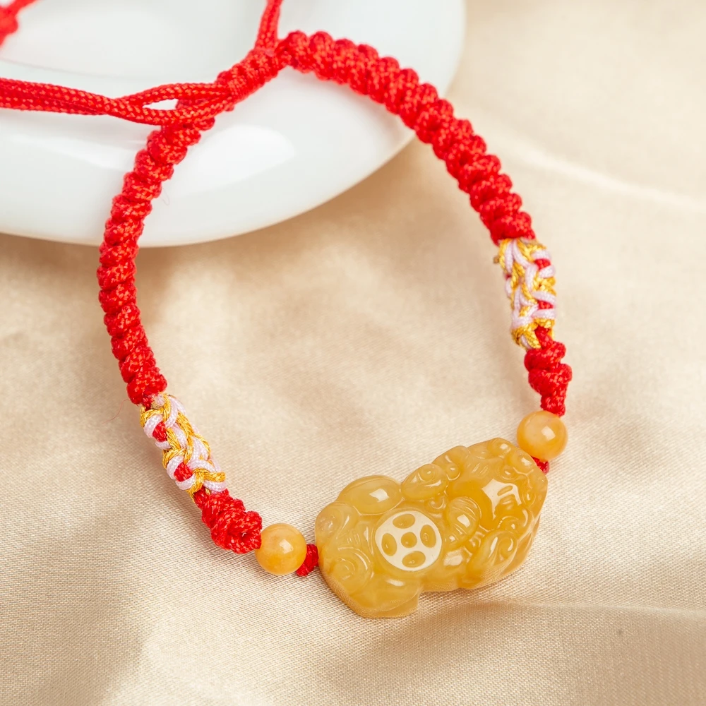

TIMESWIND Natural Xinjiang Jade Yellow Coin Wealth PIXIU Hand-woven Peach Blossom Knot Women Bracelet with Certificate