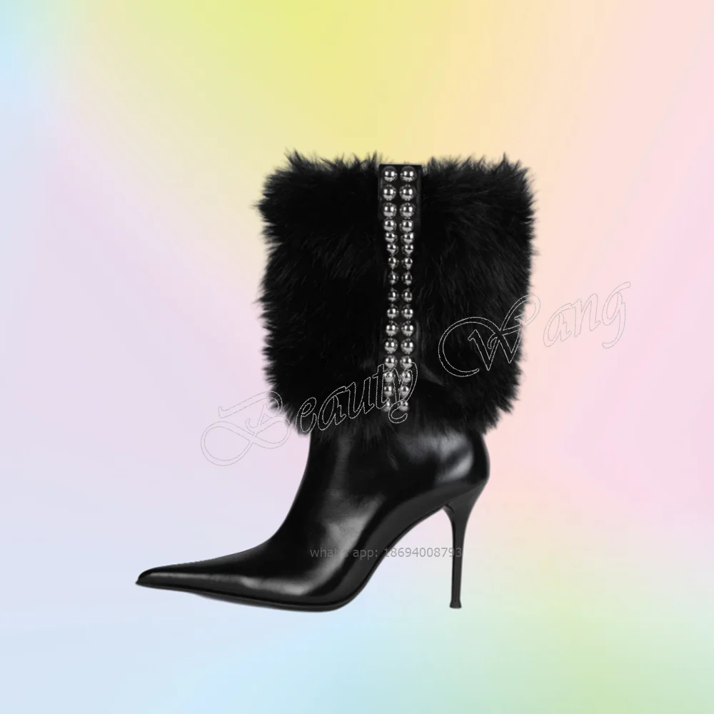 Black Side Rivet Decor Fur Boots Mid Calf Spike Heel Boots High Heel Shoes for Women Runway High Heels 2023 Zapatillas Mujer