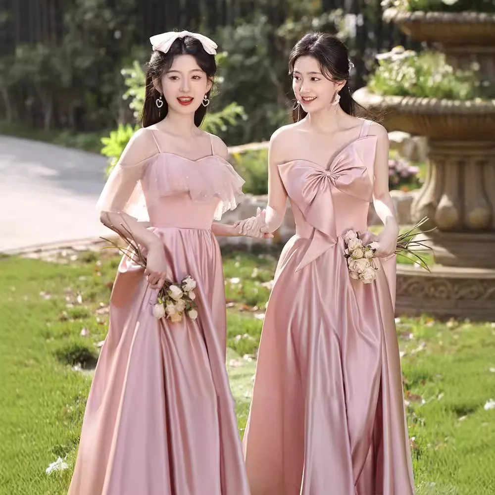 Personalizado rosa vestidos de dama de honra cetim formal vestido de noite doce memória feminino meninas princesa vestido de festa de casamento 2025 novo