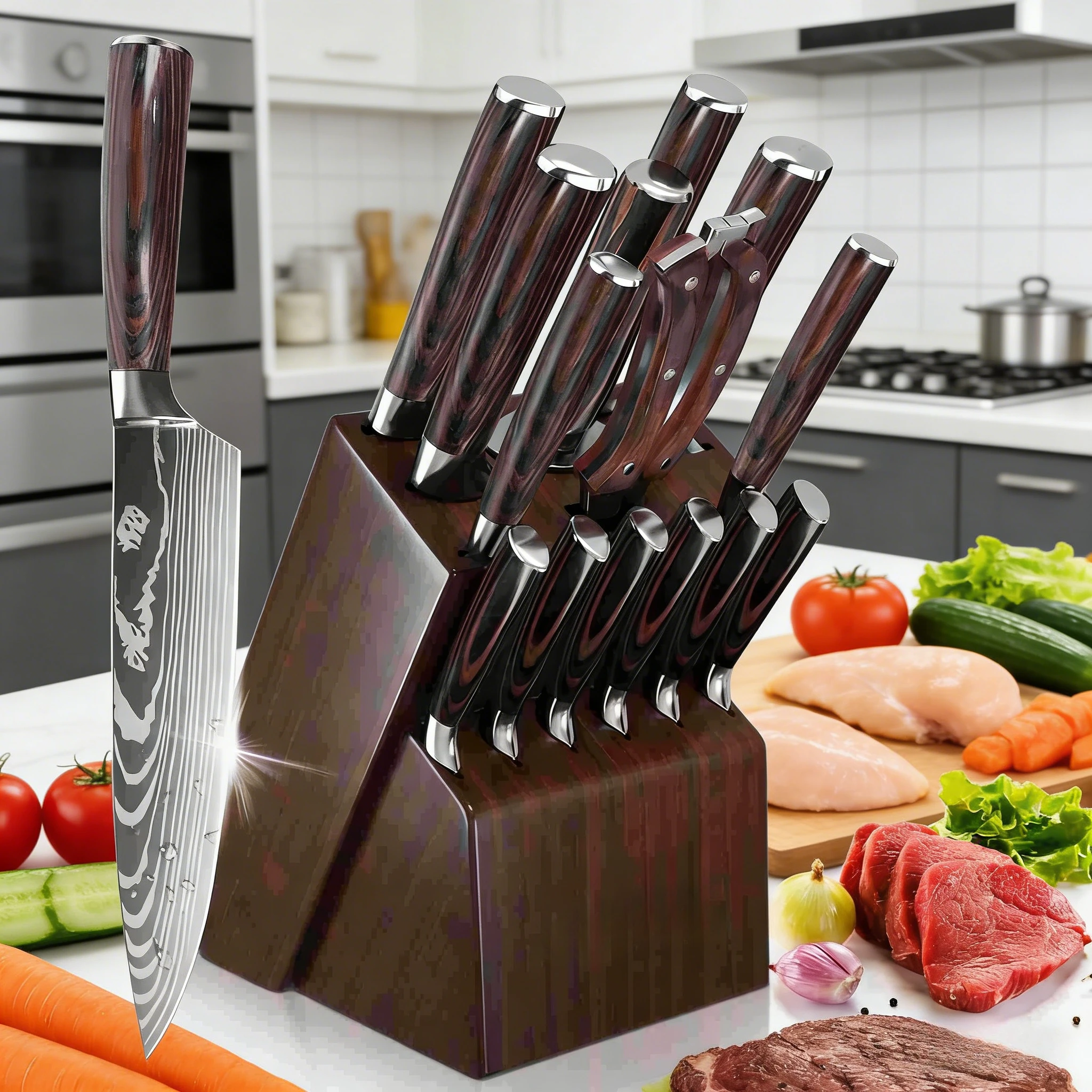 Image of 14-teiliges Küchenmesser-Set mit Damastmuster aus Edelstahl, Kochmesser, Santoku-Messer, Brotmesser, Schälmesser, Steakmesser mit Holzmesserblock, Messerschärfer, Schere, ergonomischer Holzgriff,