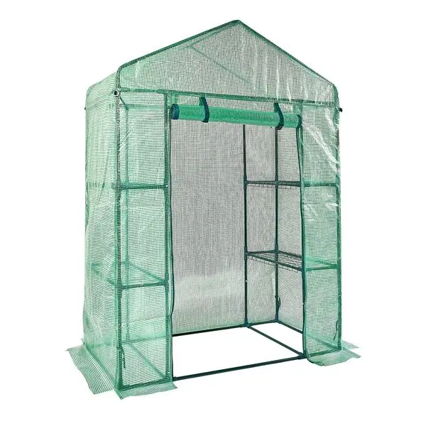 

Walk-in Green House, 4.6 x 2.4 x 6.7 ft, Greenhouse with Shelves, High Strength PE Cover with Doors, Windows and Steel Frame, S