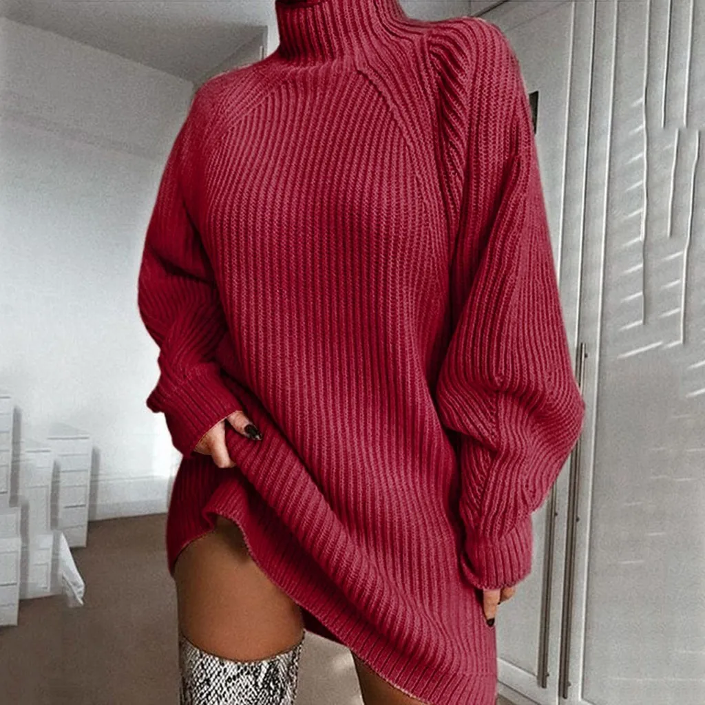 Women's Autumn Winter Fashion High Neck Knitted Sweater Dress Female Casual Solid Loose Long Sleeve Warm Mid Length Dresses