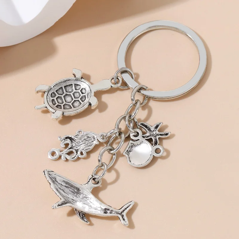 Classic Ocean Sharks Shells Starfish Turtles Alloy Keychain Sea Life Animals Key Ring For Women Men Handmade Jewelry Set