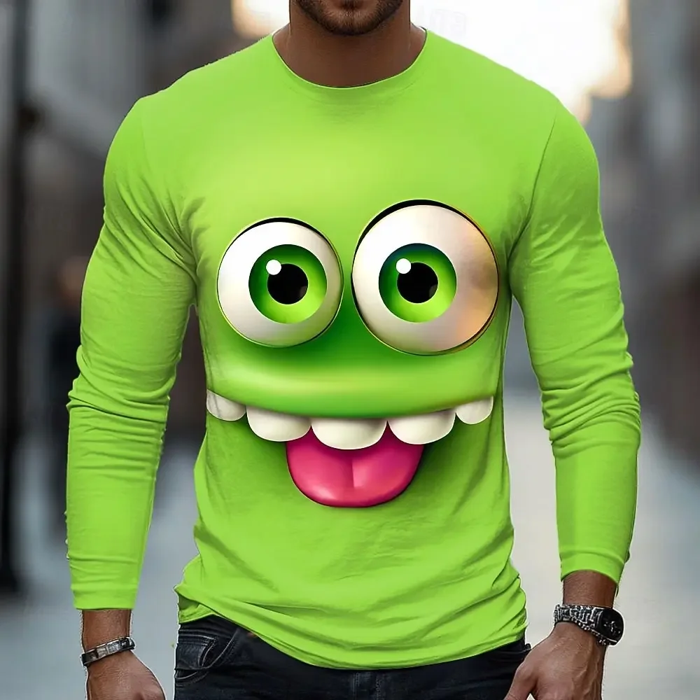 Men's Funny Cartoon Face Long Sleeve T-shirt 3D Print Polyester Fiber Novelty Graphic Casual Tee