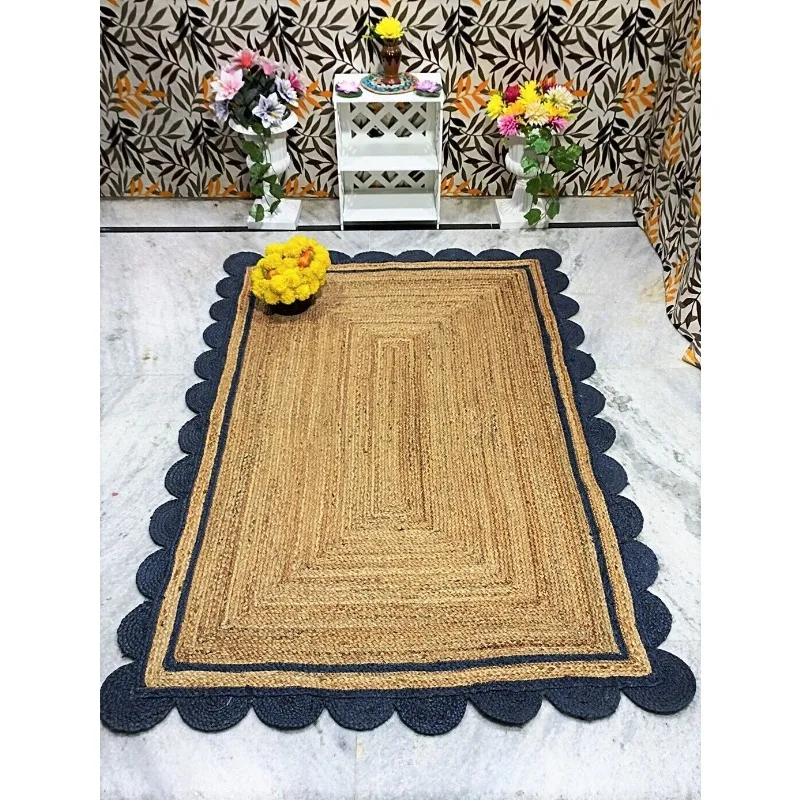 Jute Rug Rectangle Scallop Design Handmade Modern Area Carpet- Beige+Black Rug