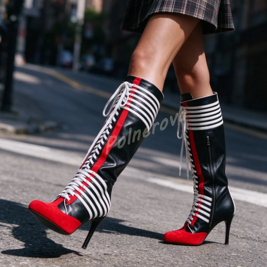 Color Block Knee High Boots Stiletto High Heels Lace Up Side Zipper Striped Patchwork Leather shoes Street Fashion women Boots