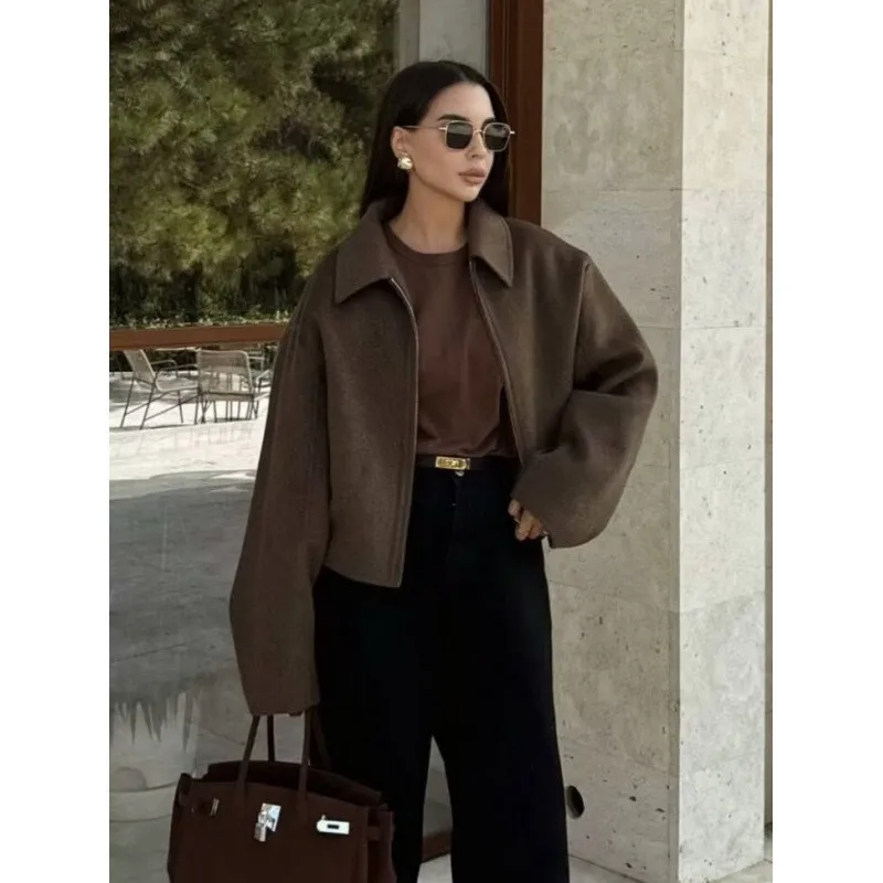 Casual Turn Down Collar Retro Regular Fit Top with Standard Thickness Zipper Closure Long Sleeve Short Length Women Jacket