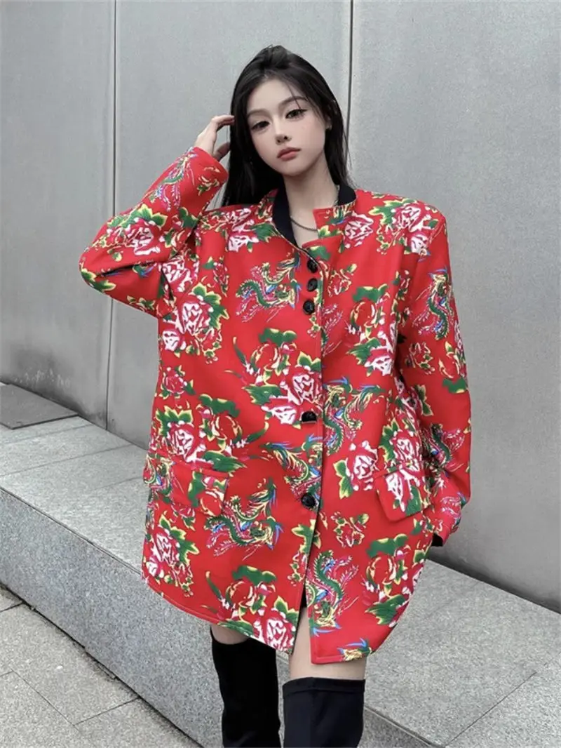

Двусторонний женский пиджак с цветочным принтом - китайский пиджак большого размера с воротником Мао, ранняя весна в стиле бойфренда, уникальный дизайн 2025 G011