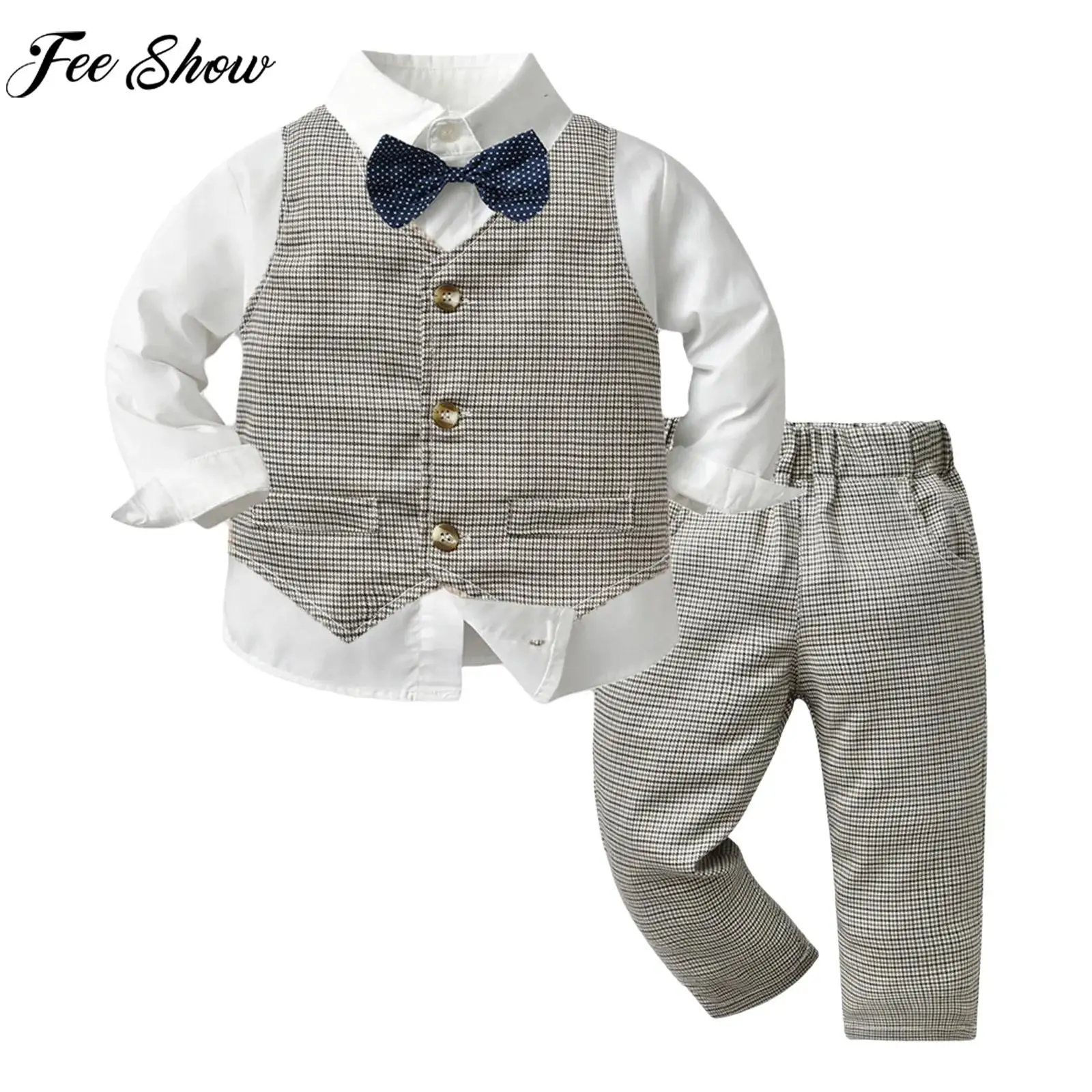 

Формальный костюм джентльмена для маленьких мальчиков, рубашка с галстуком-бабочкой и брюками, жилет, костюм для крещения, дня рождения, свадьбы, фотографии, комплект