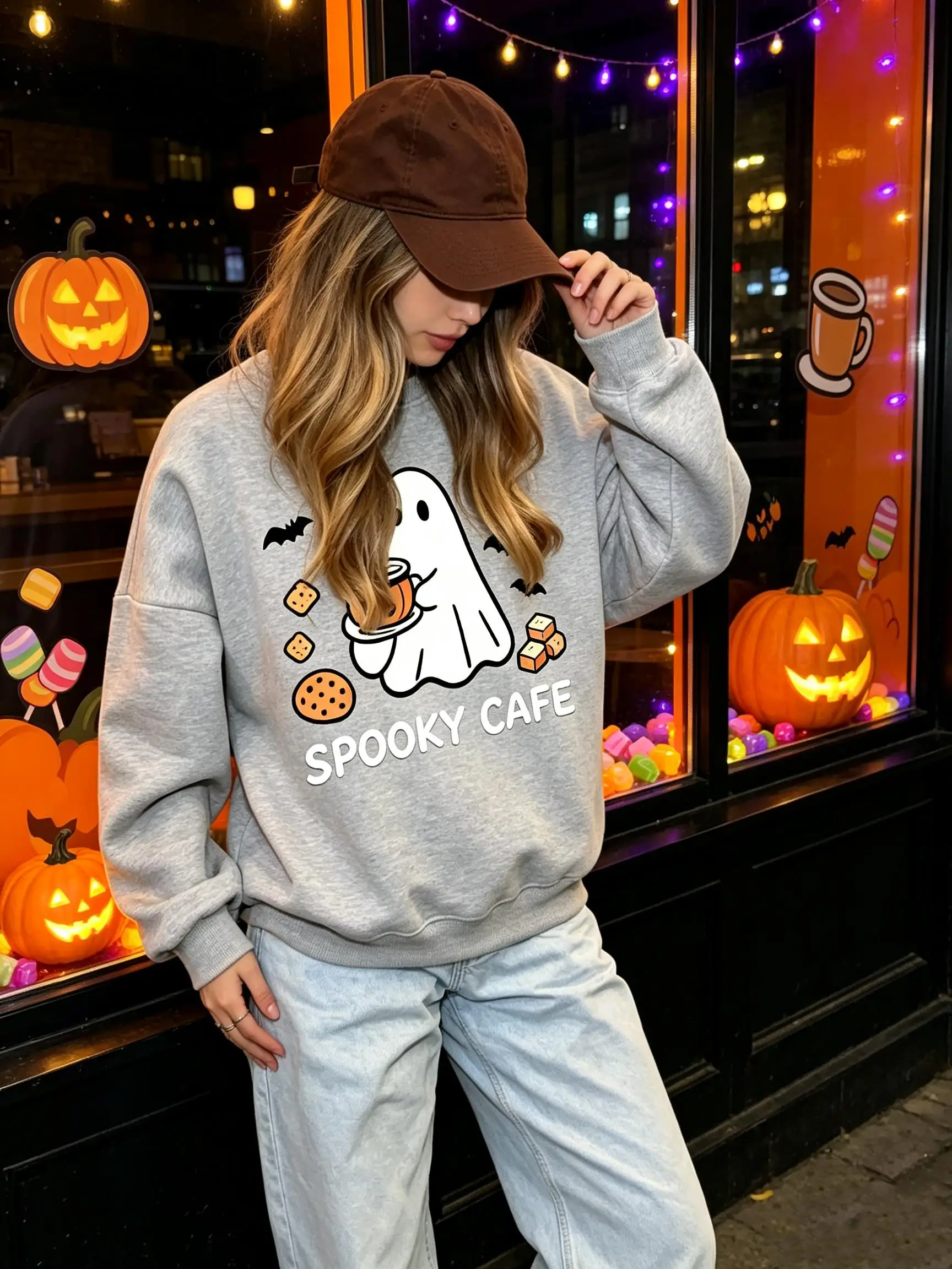 Halloween Spooky Cafe Pattern Woman Street Sport Clothes Warm Loose Clothing Fashion Basic Sweatshirts Soft Crewneck Tops