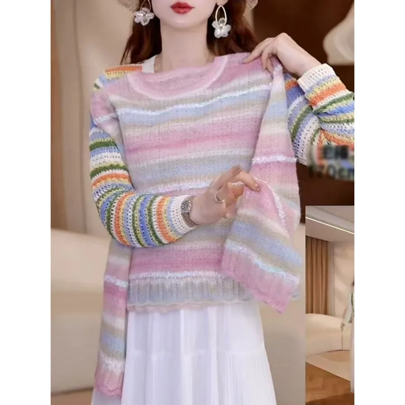 Sweet Gradient Rainbow Thin Knitted Sweater Women in Spring Summer Stylish Laid-back Versatile Beautiful Striped Top for Women