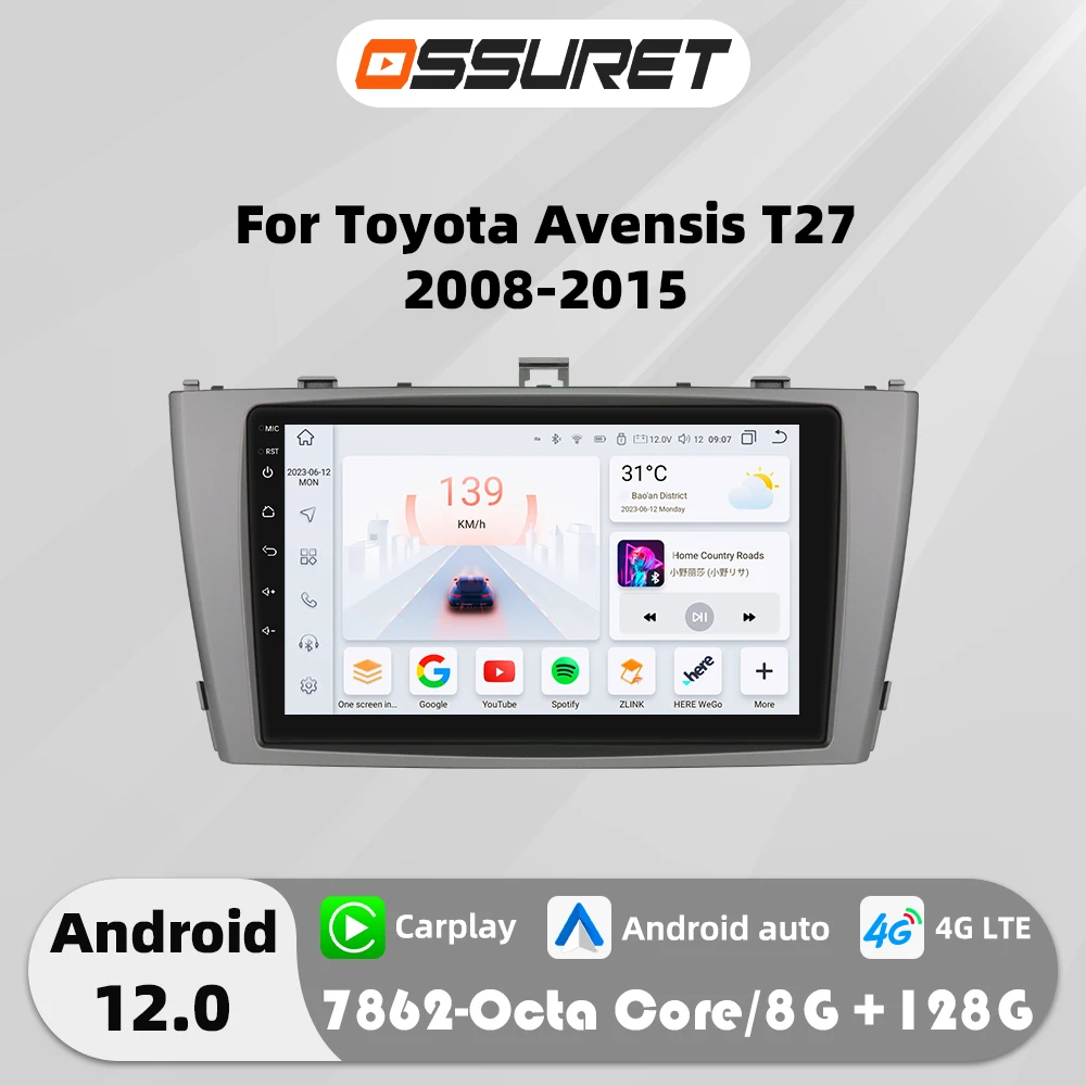 

4G Carplay Android 12 Auto multimedia For Toyota Avensis T27 2008-2015 Autoradio GPS navi Stereo 7862 car intelligent systems