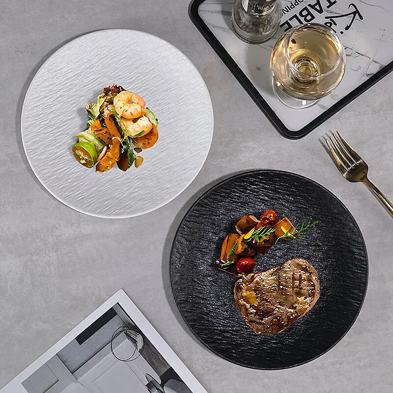 

Керамическая тарелка в японском стиле с черно-белым каменным узором, износостойкая круглая тарелка для стейка, домашняя тарелка для ужина, посуда для сервировки стола