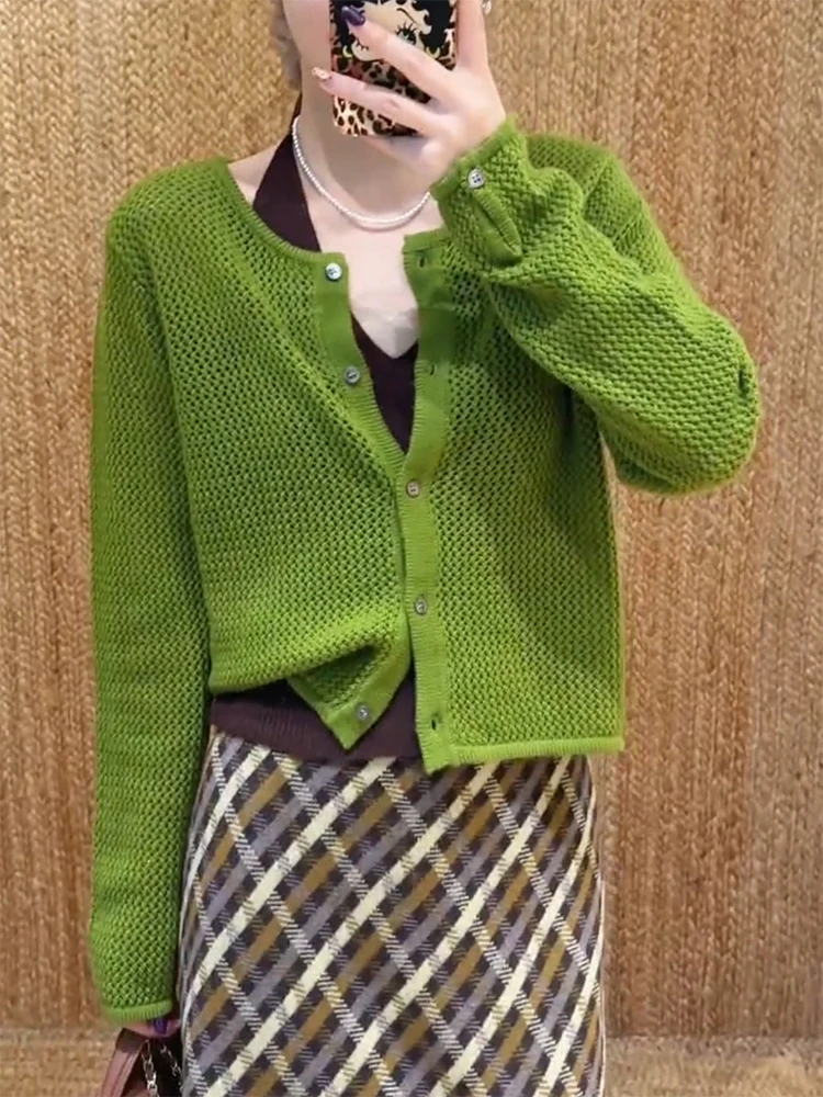 

Корейский простой ажурный вязаный кардиган, модный утягивающий топ больших размеров, осенне-зимняя новинка, теплый, согревающий.