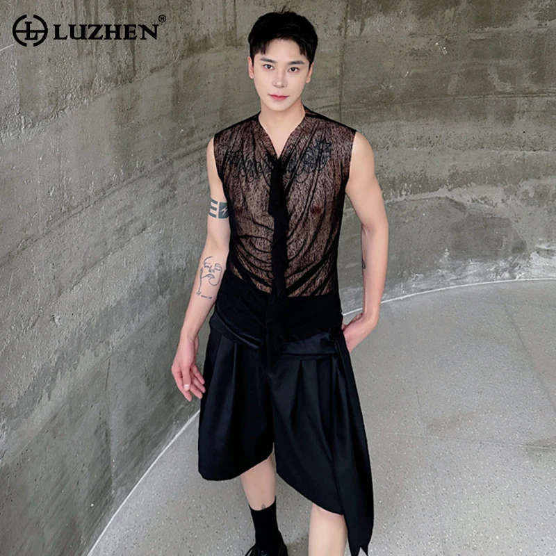 

LUZHEN Translucent Splicing Design Stylish New Sleeveless Vests Summer Original Personalized Trendy Street Men Tank Tops LZ3484