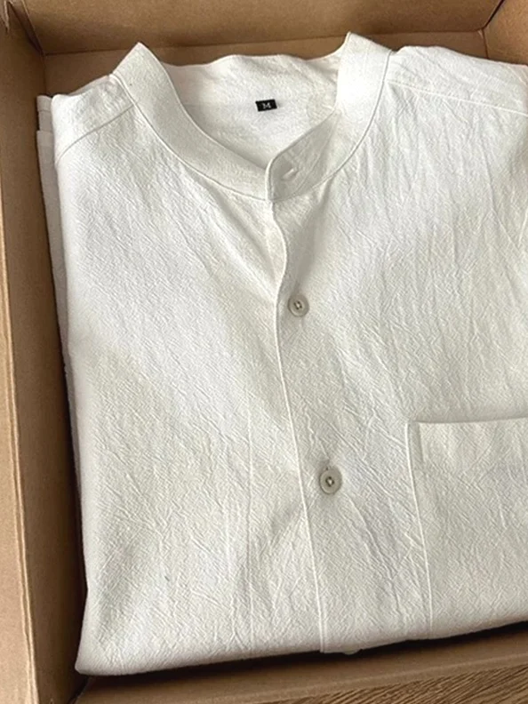 

Classic Men's Cotton Linen Shirt Wrinkles Short Sleeve Button-up Stand Collar Breathable Fashion European Style Loose Fit