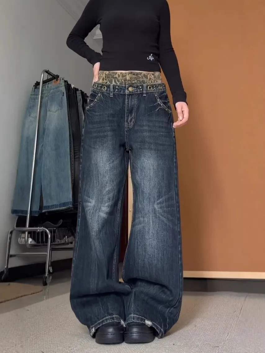 

plus Size Double Waist Head Denim Jeans Women's Autumn Winter Leopard Print Lightning Straight Loose Wide Leg Long Pants