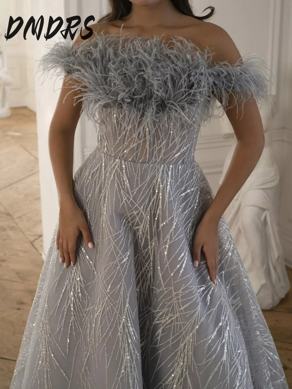 

Feathered Off-the-shoulder Evening Dress Dainty A Line Graceful Cocktail Wear Customized Dazzling Women Prom Gown Lace Up Back